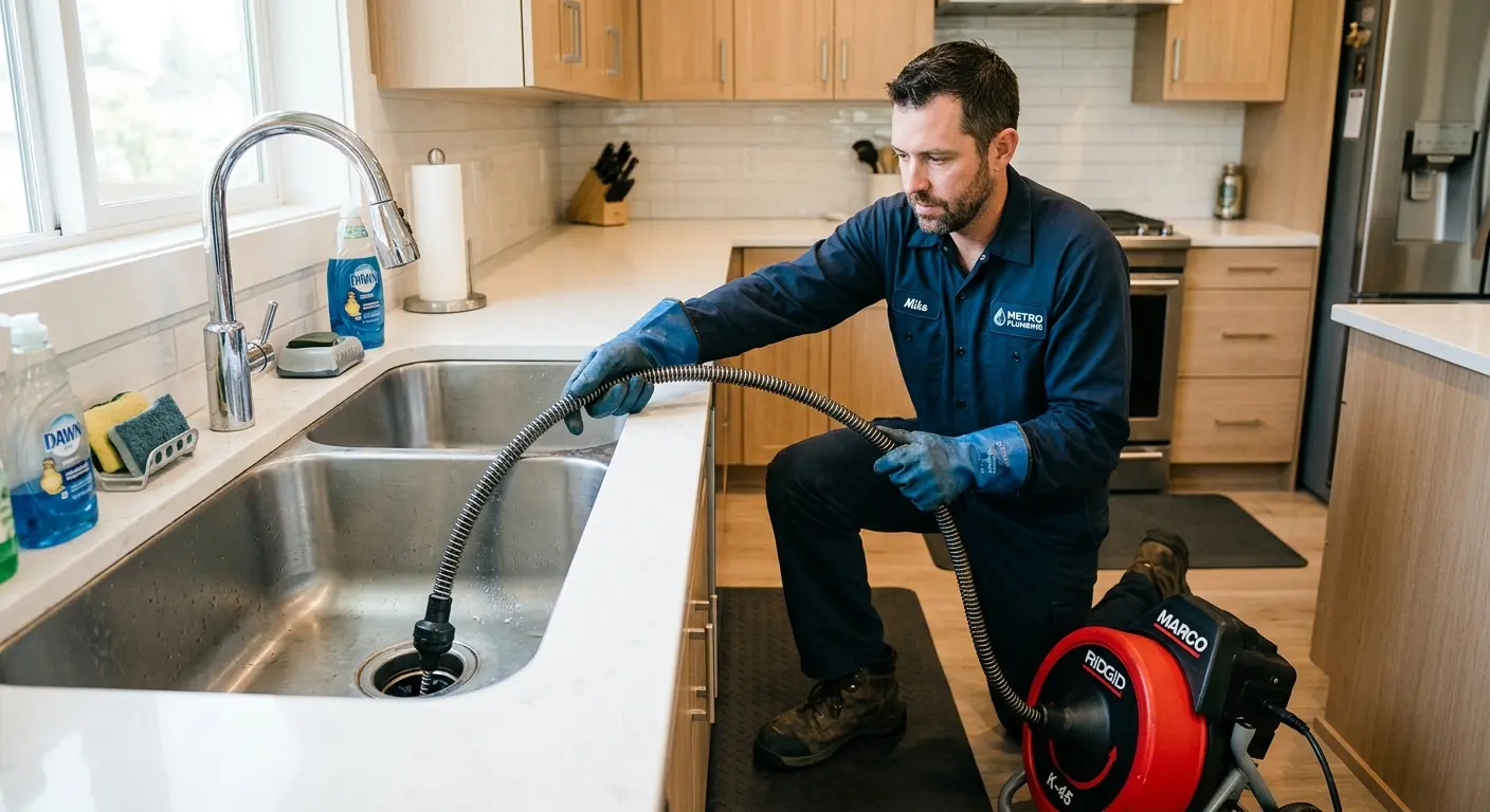 Drain cleaning technician using a motorized snake on a kitchen sink in Waxhaw