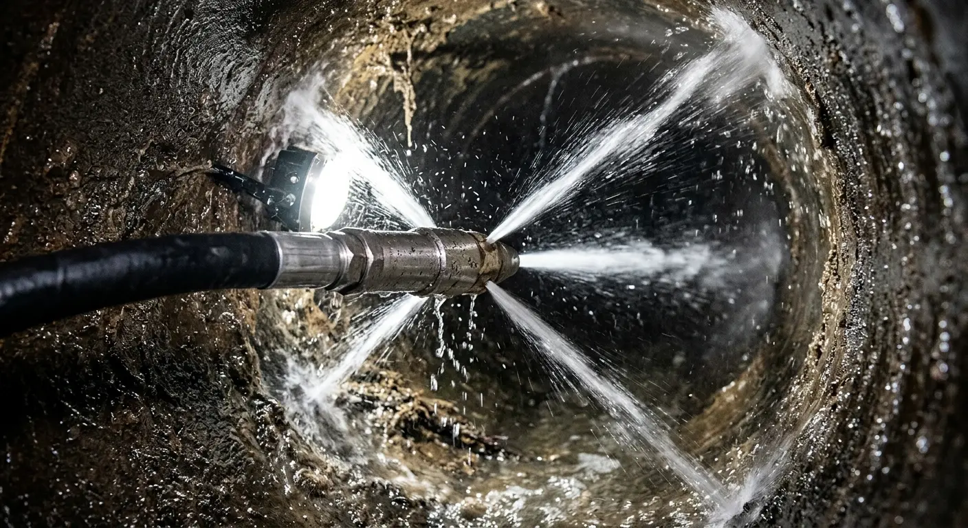 High-pressure hydro jetting nozzle cleaning sewer pipe for Trenchless Sewer Repair in Waxhaw