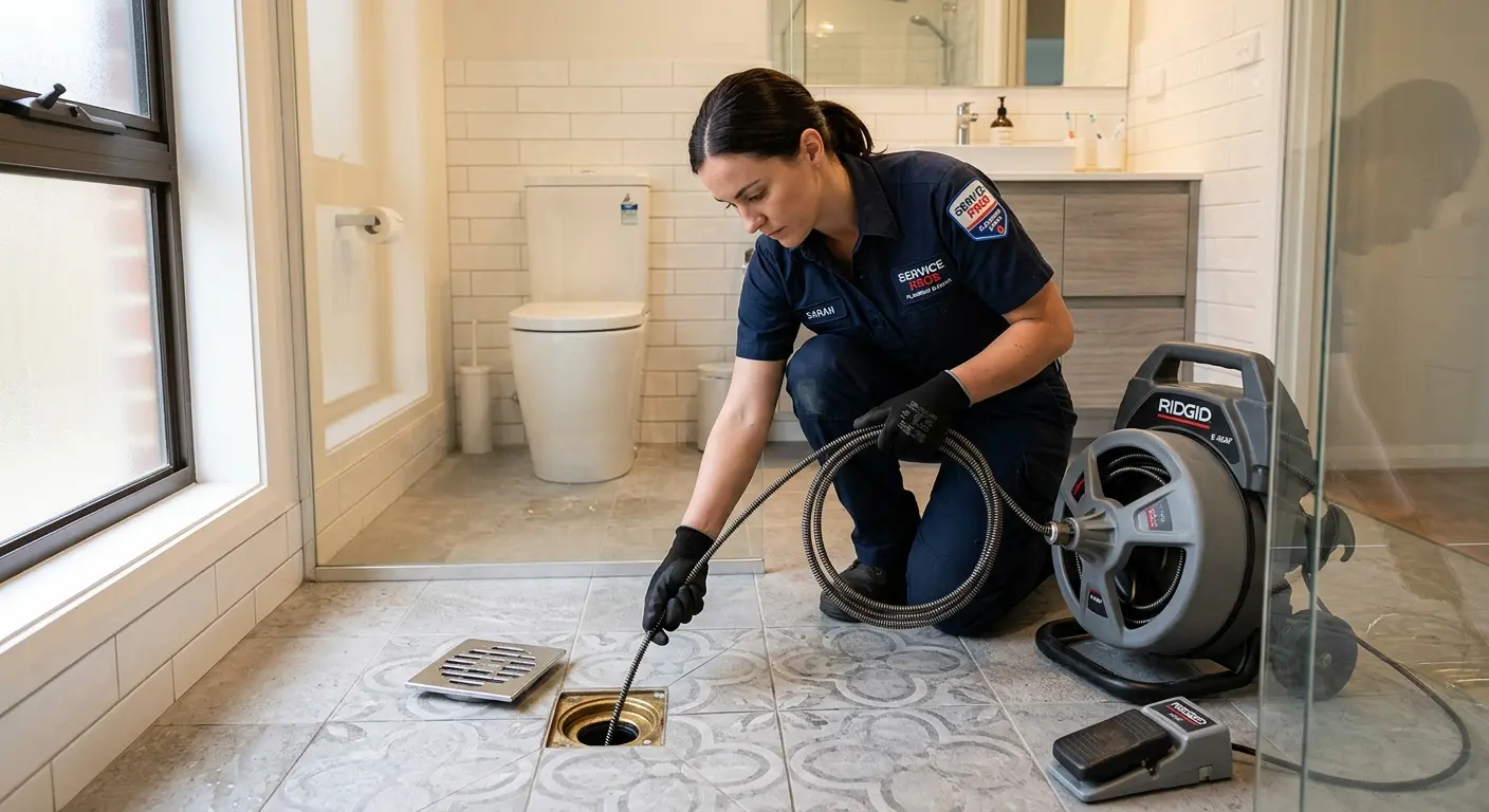 Technician clearing a bathroom floor drain for Hydro Jetting in Waxhaw